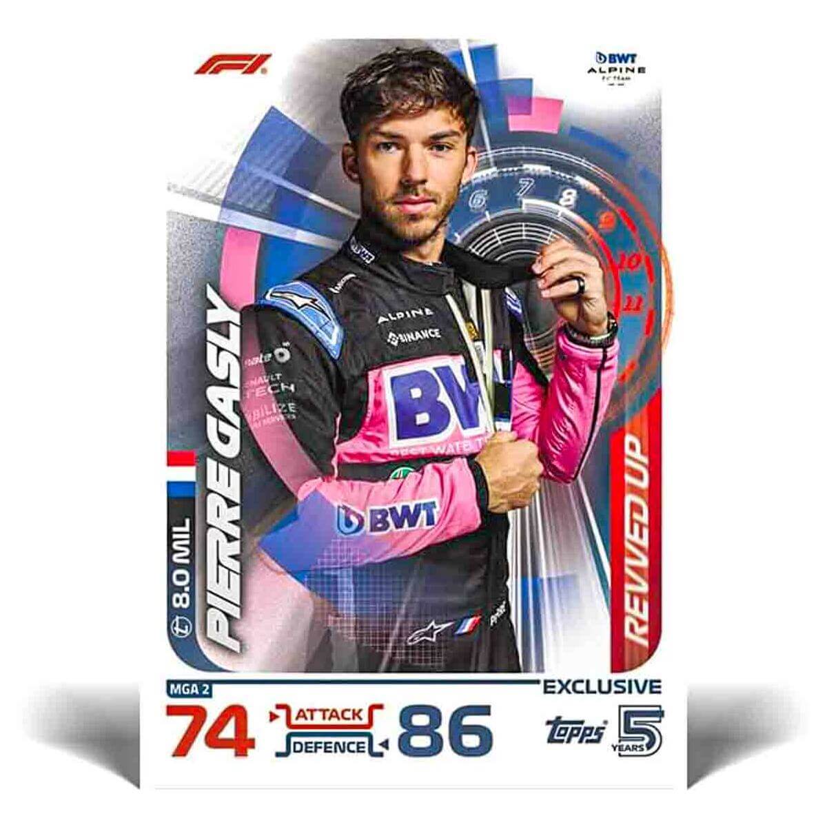 Turbo Attax 2024 Revved Up Mega Tin Formula 1 trading card featuring Pierre Gasly from the BWT Alpine team