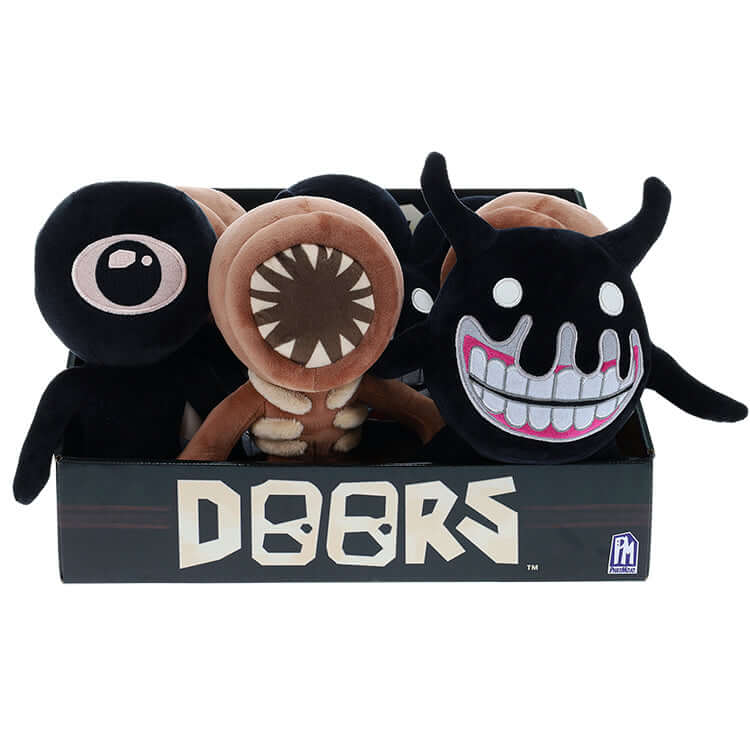 Collectable plush figures from Doors Series 1, featuring Screech, Figure, and Seek in a display box.