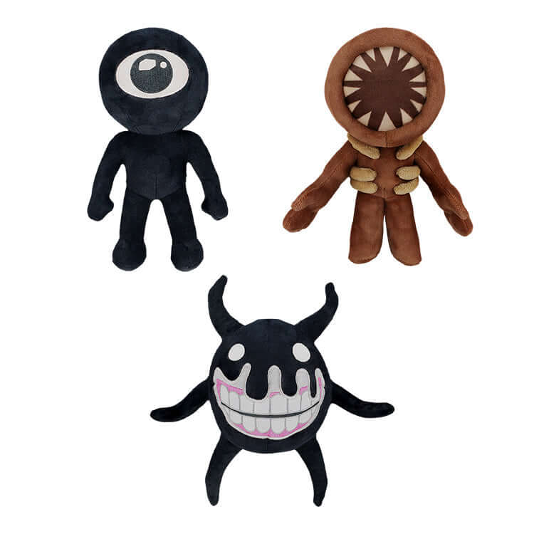 Collectable plush toys from Doors Series 1 featuring Screech, Figure, and Seek in a playful arrangement.