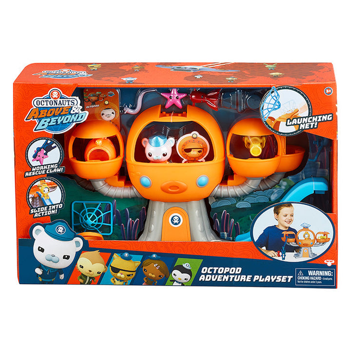 Octonauts Series 1 Octopod Playset with Octocrew HQ, net launcher, rescue claw, and spyglass accessory in a colorful package.