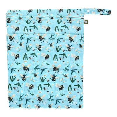 Blue double pocket wet nappy bag with bee and plant pattern, eco-friendly design and waterproof compartments.