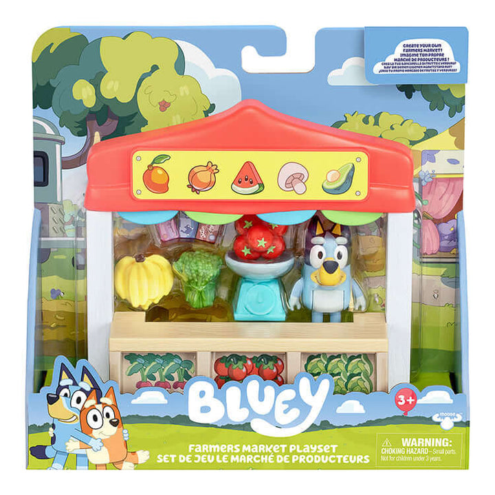 Bluey Series 10 Farmers Market Mini Playset with 2.5" articulated Bluey figure, featuring colorful market accessories, for imaginative play.