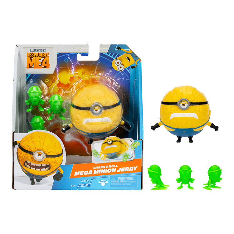 Despicable Me 4 Mega Minion Jerry action figure in packaging with roach accessories, perfect for fun play and adventures.