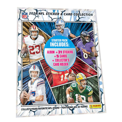 2024 NFL Sticker & Card Collection starter pack with album, 31 stickers, 5 cards, and collector's holder featuring NFL stars.