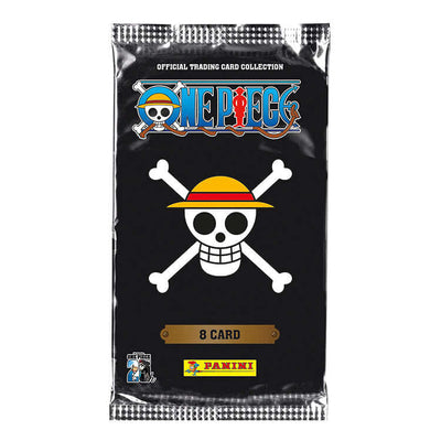 One Piece Trading Card Pack featuring iconic pirate logo, 8 cards by Panini. Perfect for collectors and fans of the anime series.