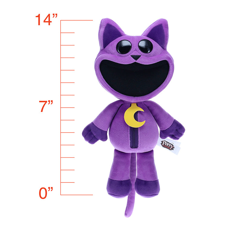 Poppy Playtime Series 3 CatNap Deluxe Plush 12" smiling purple kitty with moon collar on size chart.