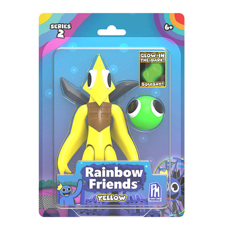 Rainbow Friends Series 2 Yellow Bird Action Figure in packaging with glow-in-the-dark feature and squishy accessory.