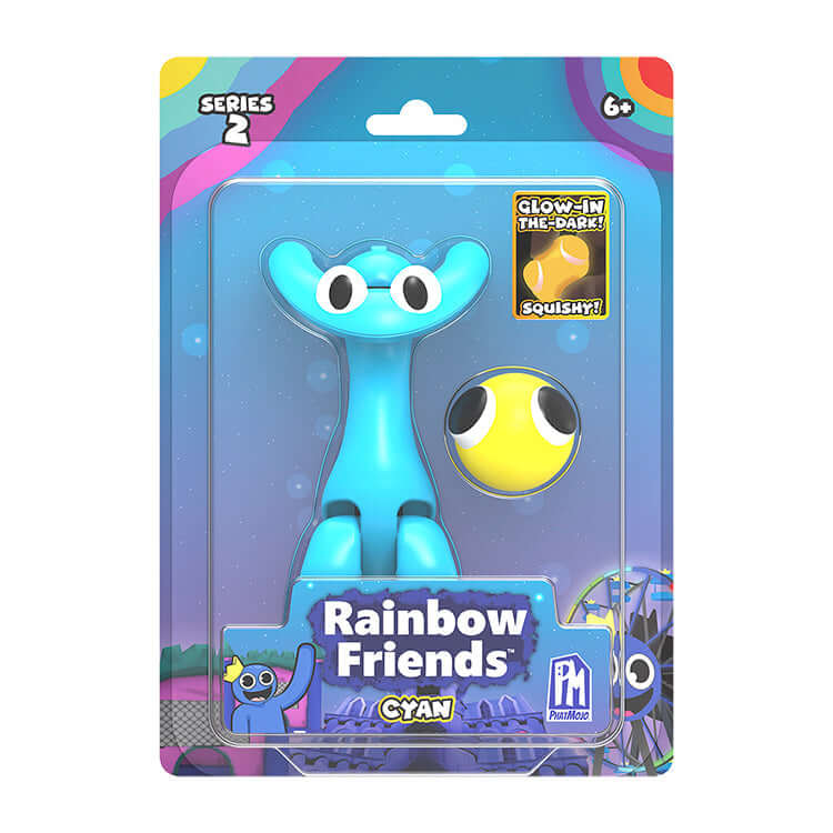 Rainbow Friends Series 2 Cyan action figure in packaging with glow-in-the-dark squishy ball accessory, from hit game collection.