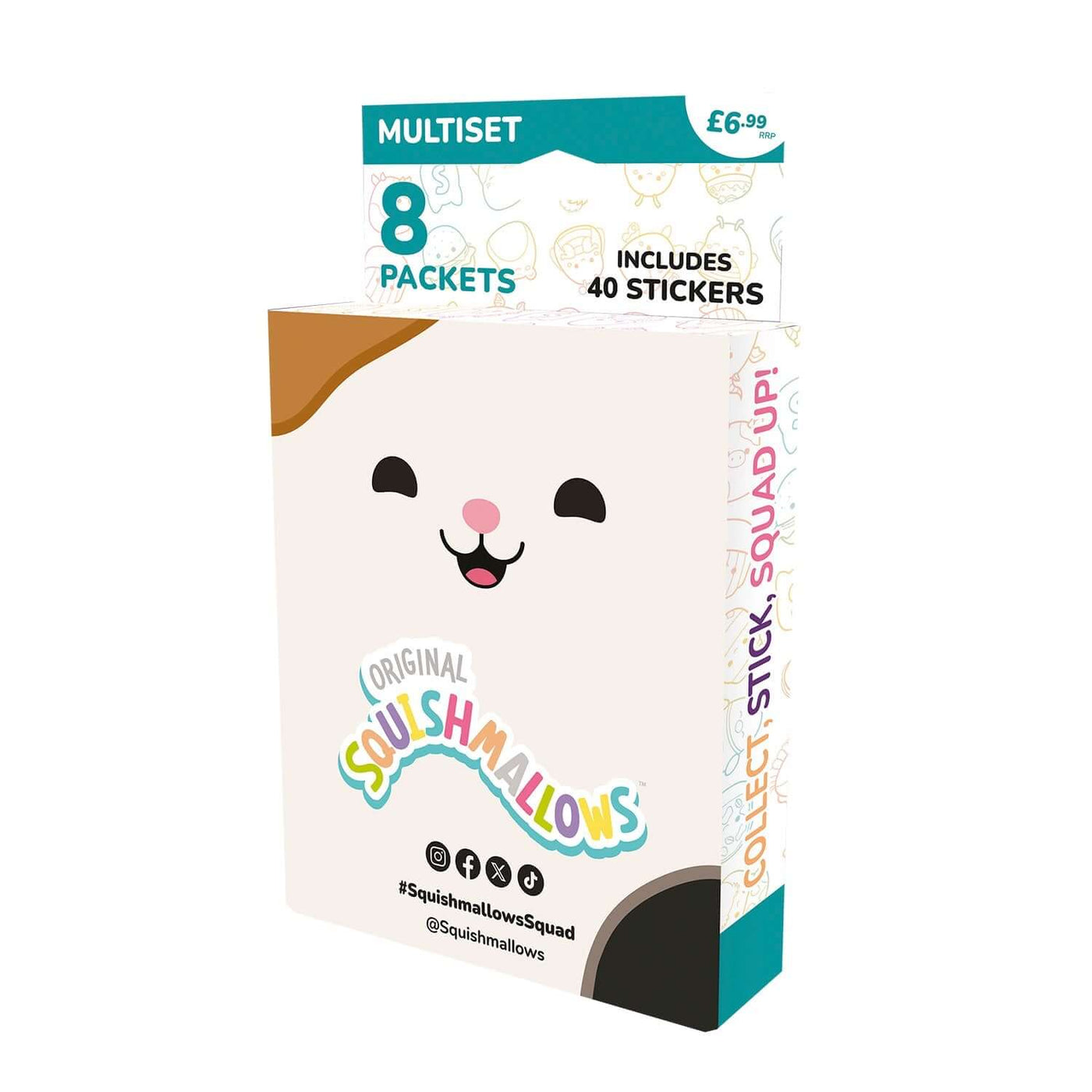 Squishmallows sticker collection box, multiset with 8 packets, includes 40 stickers, colorful packaging with cute character design.