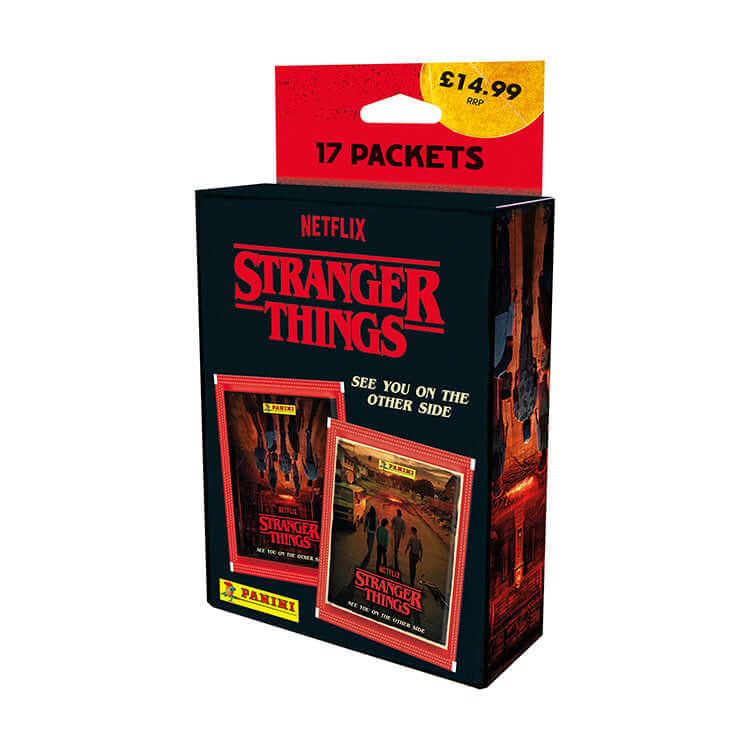 Stranger Things 2 Sticker Collection box featuring 17 packets with unique designs from the popular Netflix series.