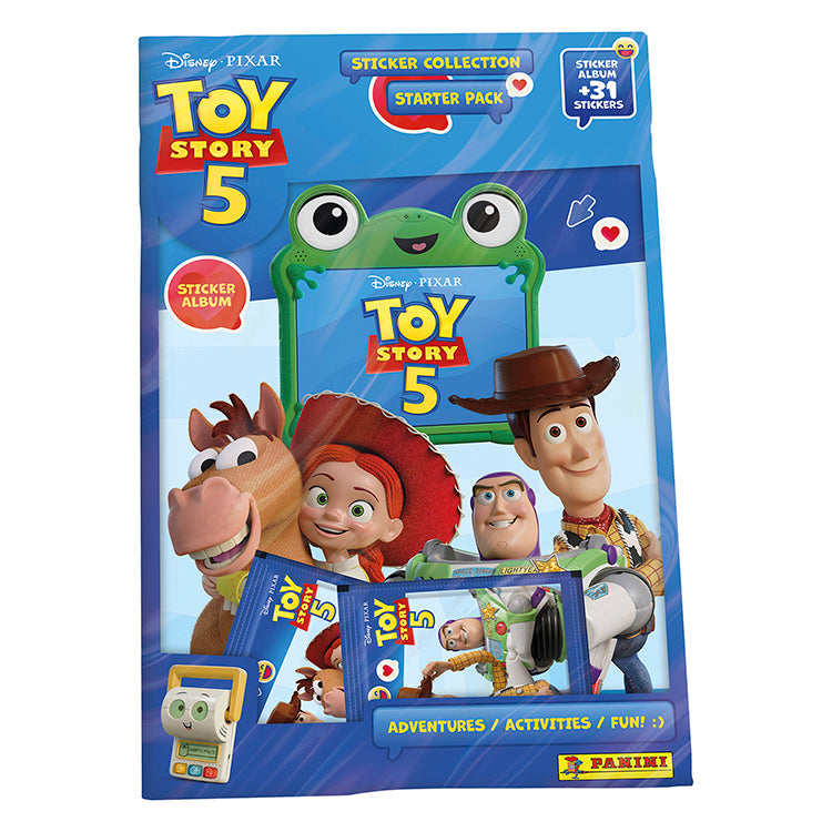 Toy Story 5 sticker collection starter pack with characters Woody, Buzz, and Jessie from Disney Pixar.