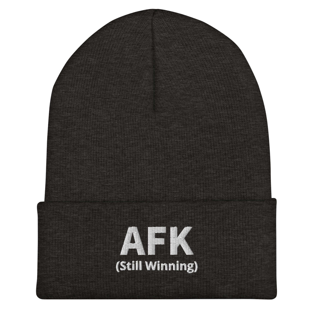 AFK Cuffed Beanie in black with white embroidered text saying AFK (Still Winning)
