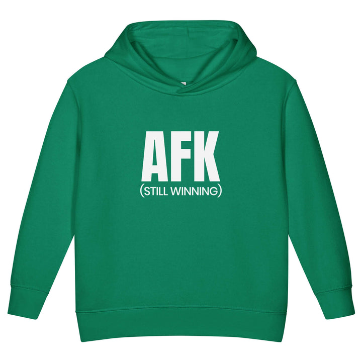 AFK Toddler fleece pullover hoodie in green with white text 'AFK (STILL WINNING)' for comfortable play and warmth.