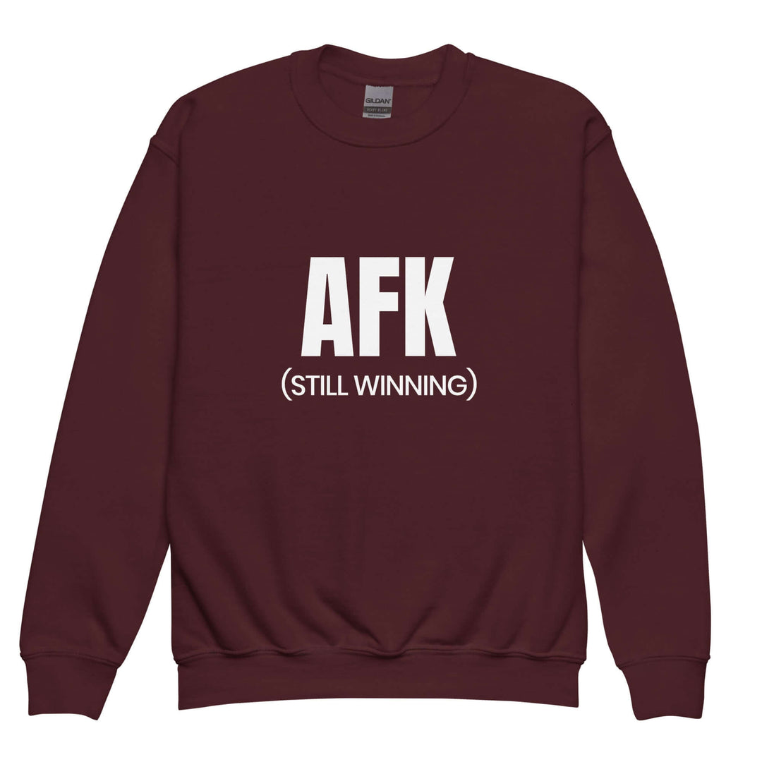 AFK Youth crewneck sweatshirt in burgundy with bold white text, perfect for casual wear and adventures.
