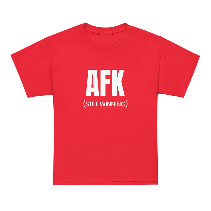 AFK Youth t-shirt in red with bold white text saying 'AFK (STILL WINNING)' for kids.