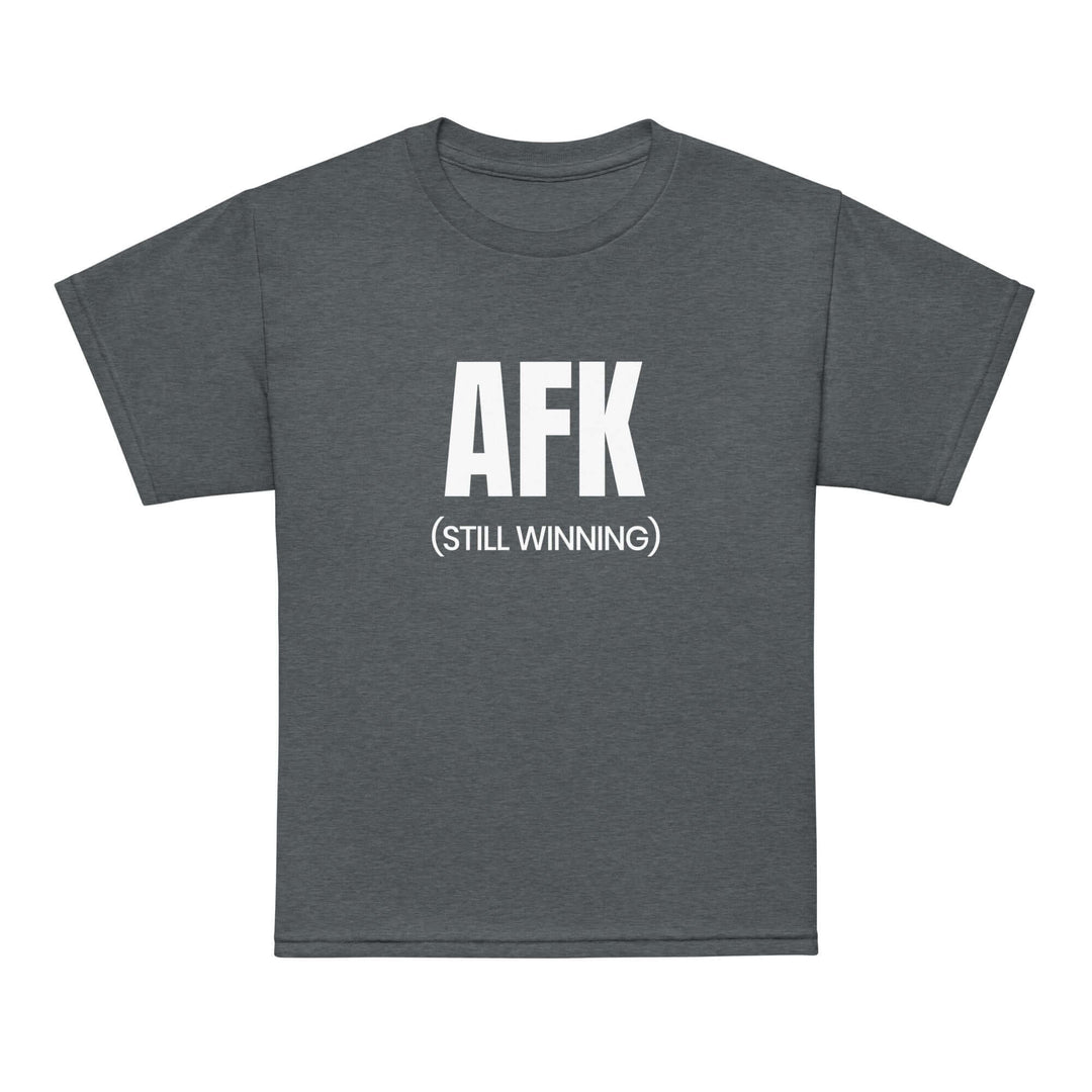 AFK Youth t-shirt in dark gray, featuring bold 'AFK (STILL WINNING)' text for active kids.