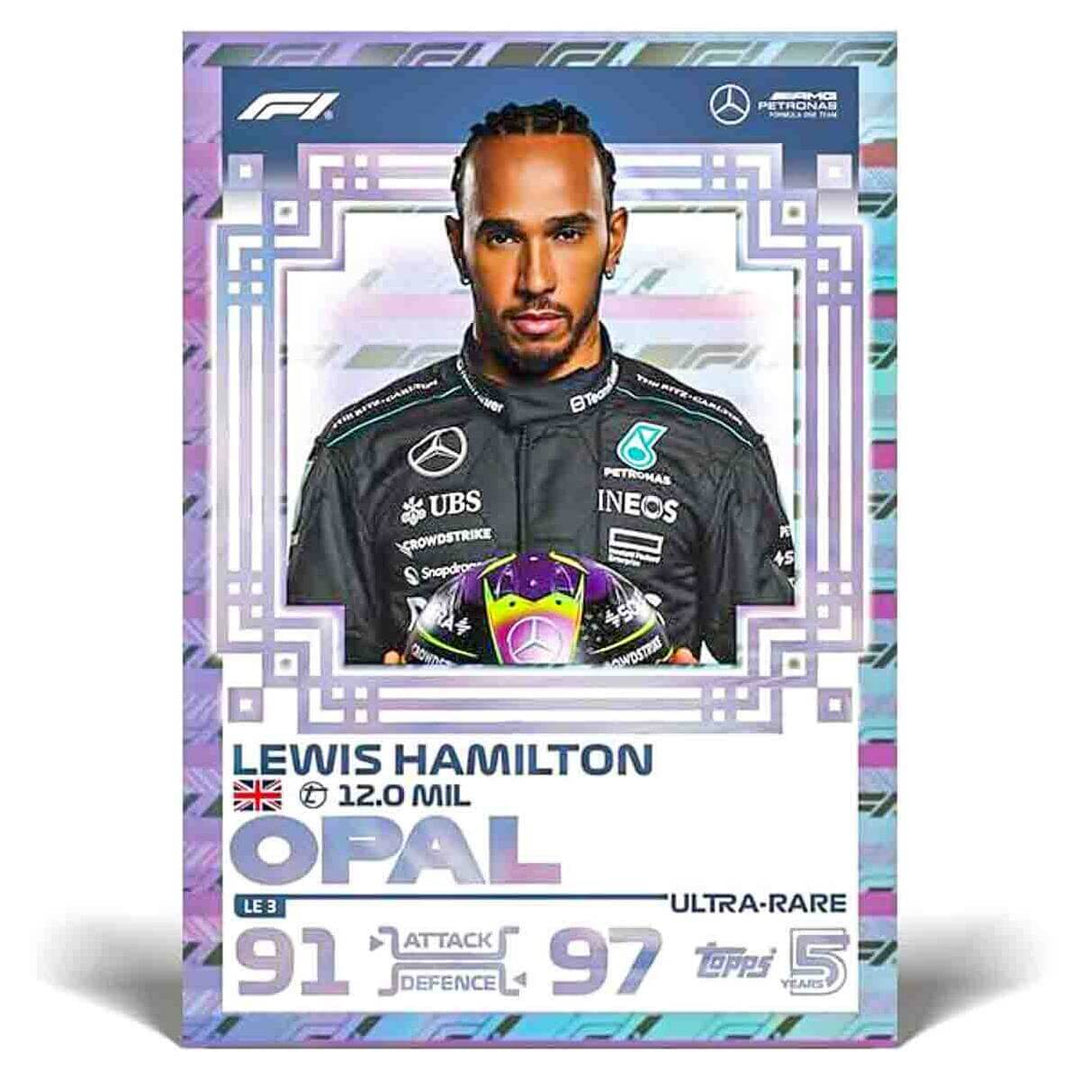 Lewis Hamilton Opal card from Topps F1 Turbo Attax 2024 set, ultra-rare with 91 attack and 97 defense stats.