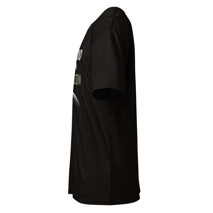 Beyond the Horizon Cotton Mens Short Sleeve T-Shirt Premium Heritage side view on black fabric.