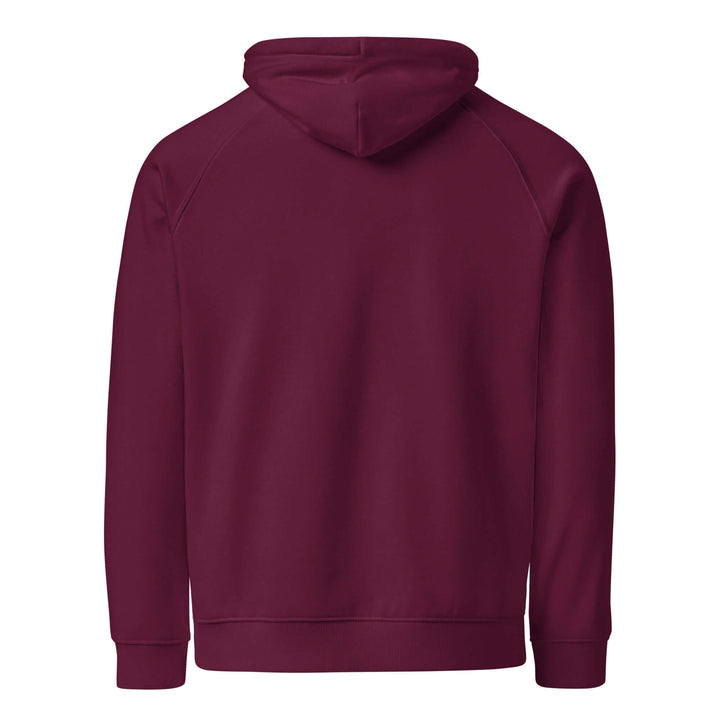 Back view of a burgundy eco-friendly unisex hoodie showcasing the comfortable raglan design.