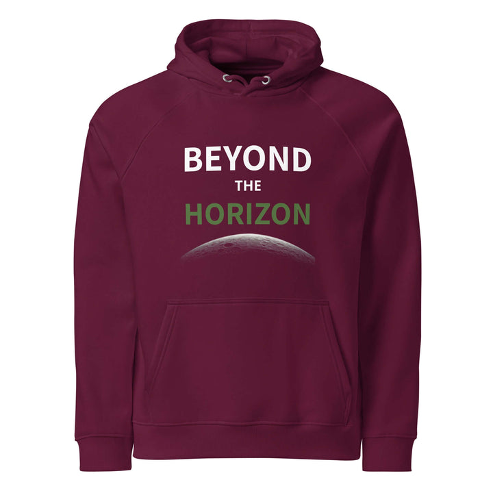 Beyond the horizon Unisex eco raglan hoodie in maroon with stylish graphic design.