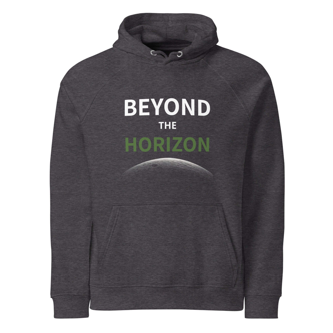 Beyond the horizon Unisex eco raglan hoodie in dark gray with stylish design and eco-friendly message.