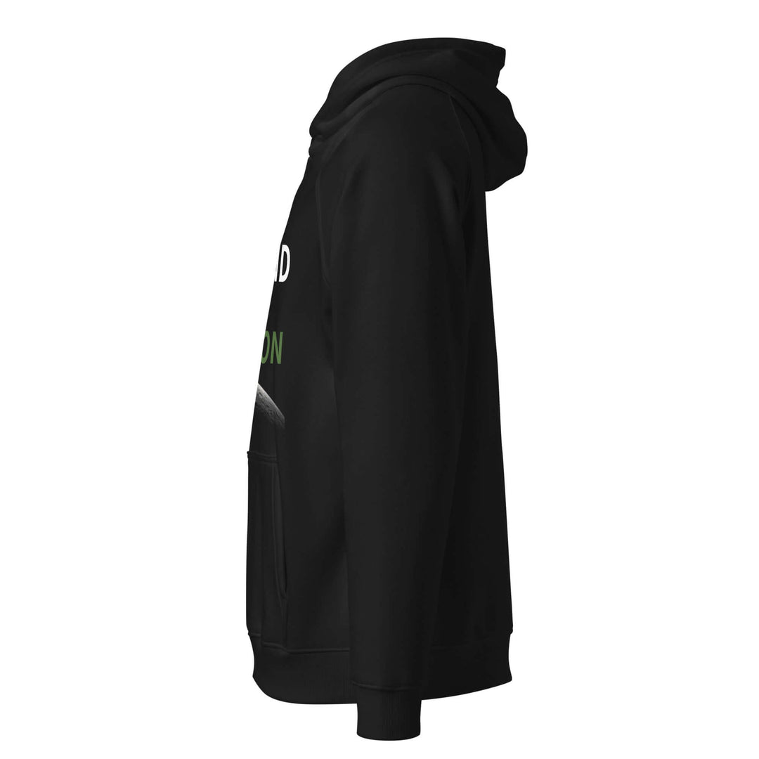 Side view of a black eco-friendly unisex hoodie, showcasing style and comfort.