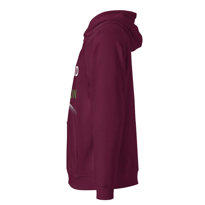 Side view of an eco-friendly unisex hoodie in maroon, showcasing style and comfort.