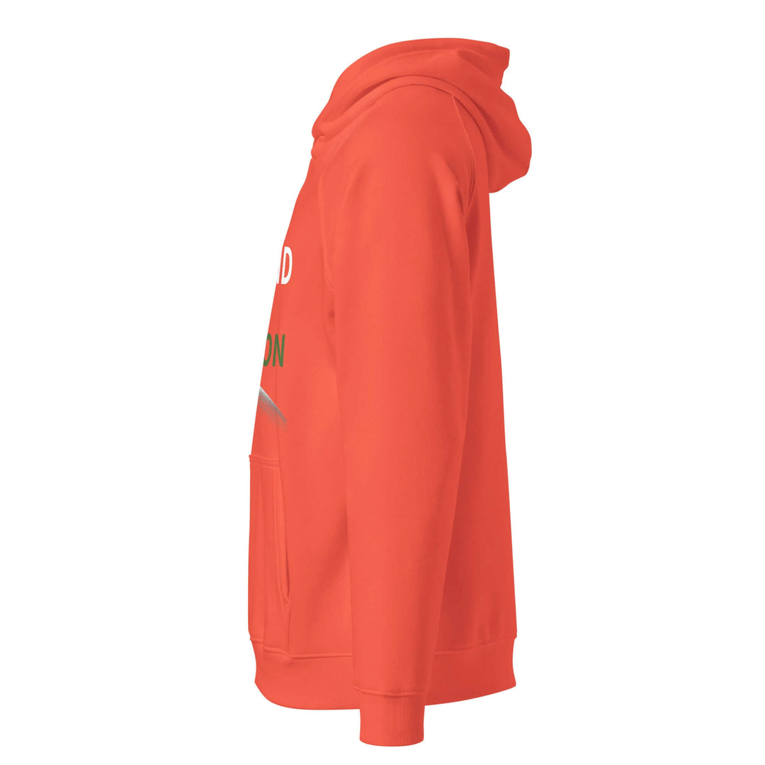 Side view of the Beyond the Horizon eco-friendly unisex hoodie in vibrant orange color.
