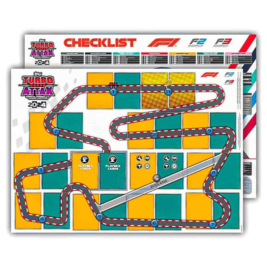 Turbo Attax Official Formula 1 Trading Card Game 2024 Starter Pack checklist and game board with racing track layout