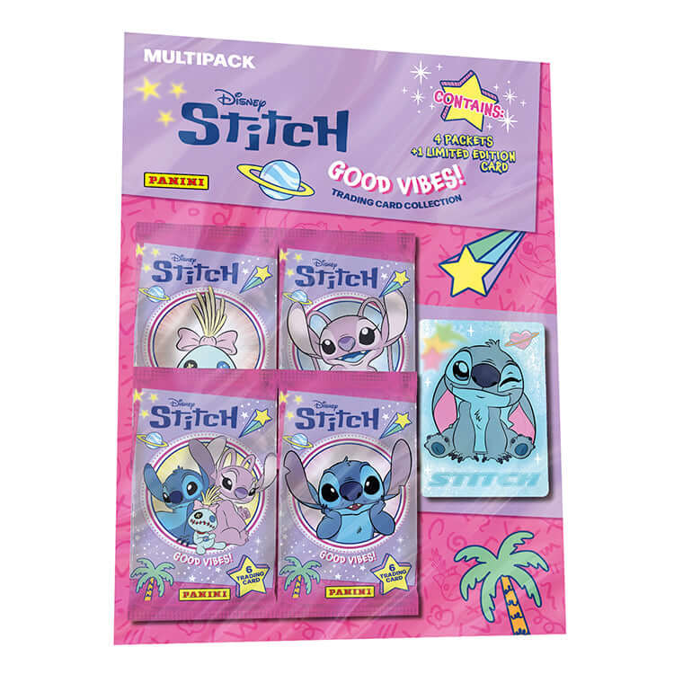 Multipack of Disney Stitch Good Vibes trading cards featuring Stitch, Angel, and colorful designs by Panini.