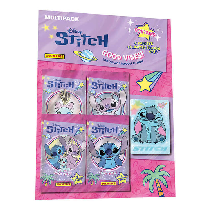 Multipack of Disney Stitch Good Vibes trading cards featuring Stitch, Angel, and colorful designs by Panini.
