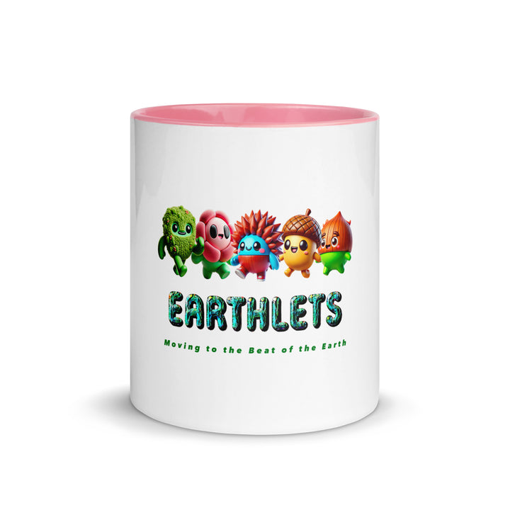 Earthlets mug with colorful interior featuring playful cartoon characters and text, perfect for eco-conscious designs.
