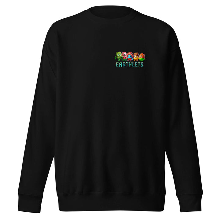 Earthlets premium unisex sweatshirt in black with colorful design on the front.