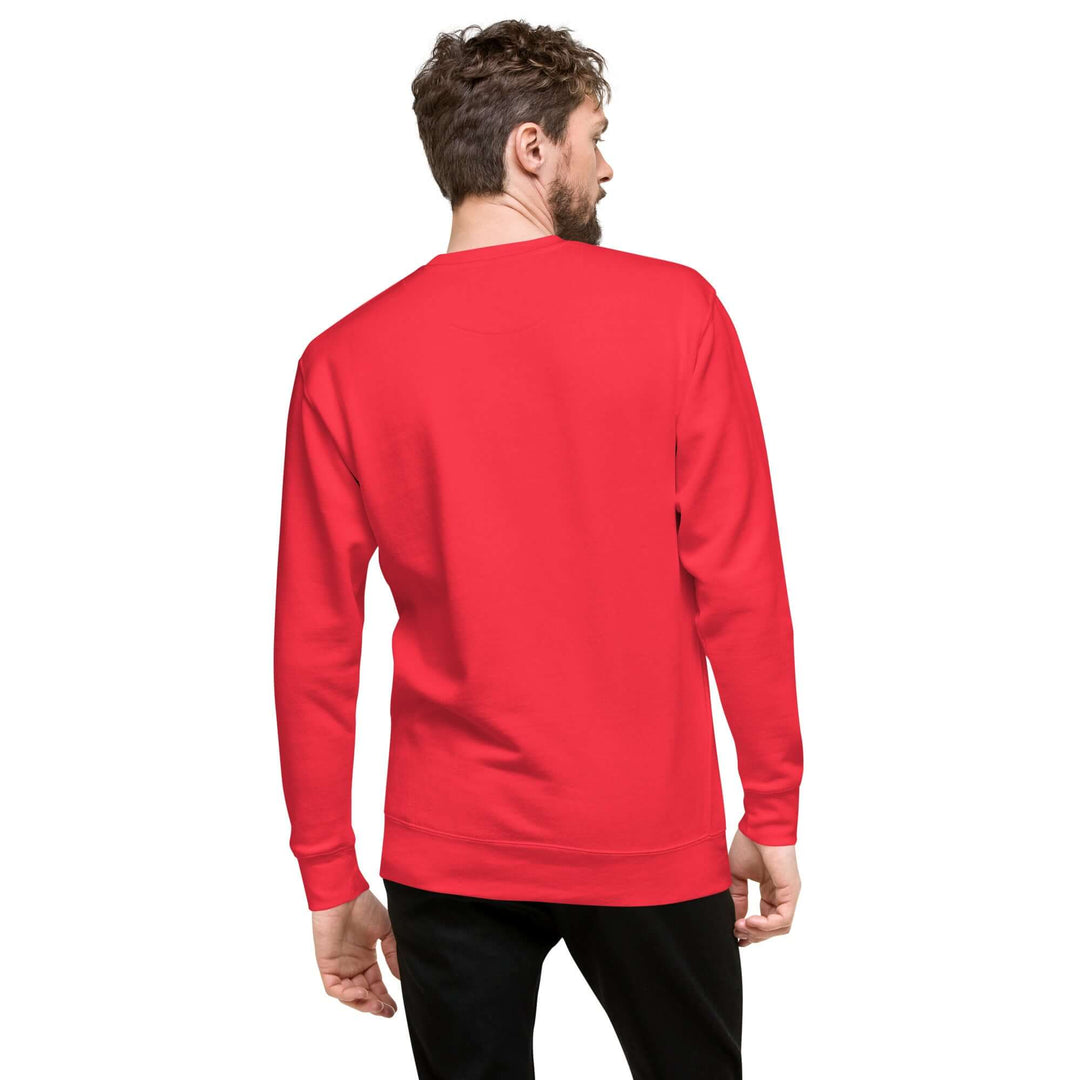 Earthlets Unisex Premium Sweatshirt shown from the back, featuring a vibrant red color, ribbed crew neck, and long sleeves.