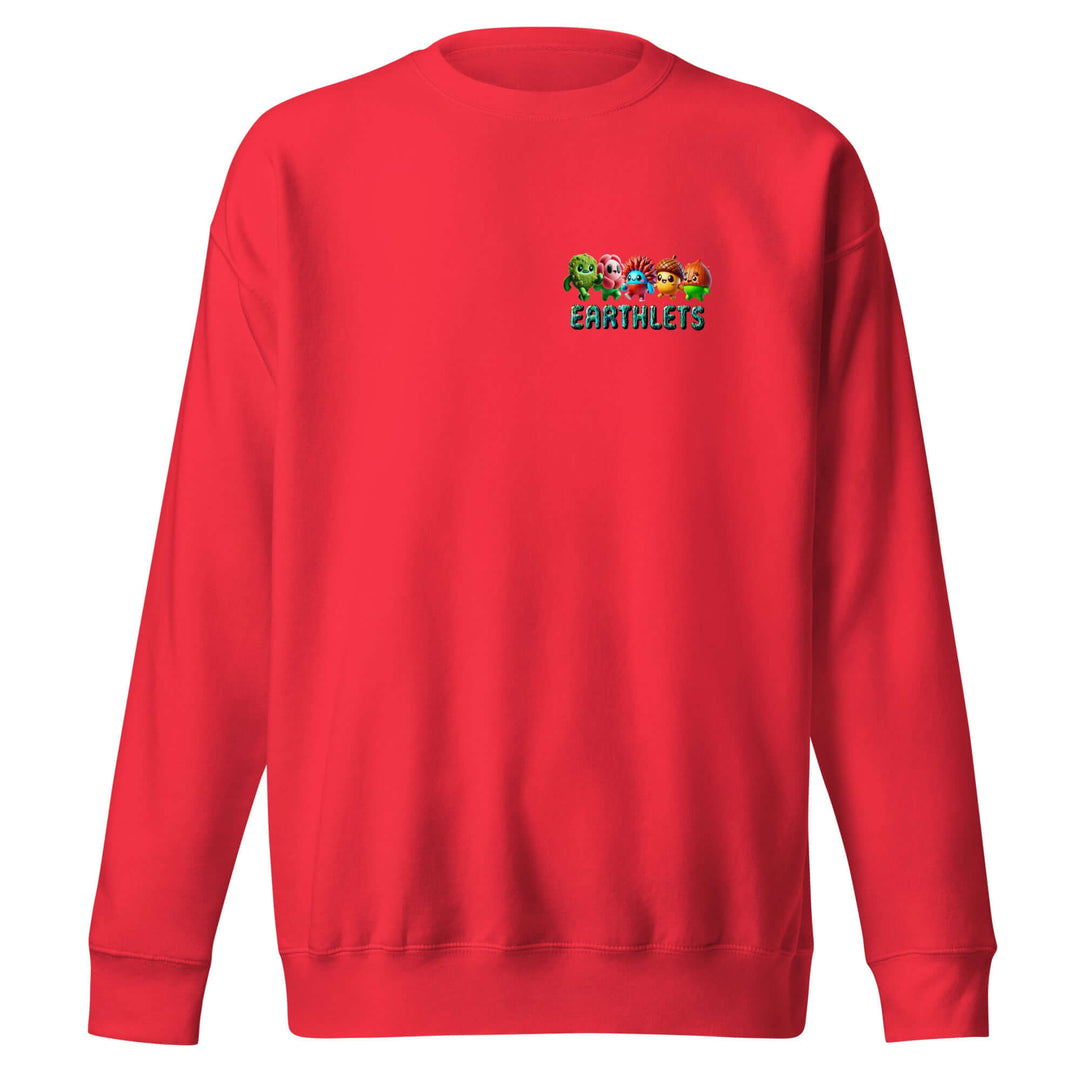 Earthlets premium unisex sweatshirt in vibrant red with colorful graphic design on the front.