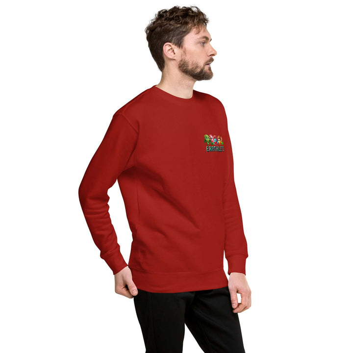 Earthlets Unisex Premium Sweatshirt in red worn by a model, showcasing a comfortable and stylish fit.