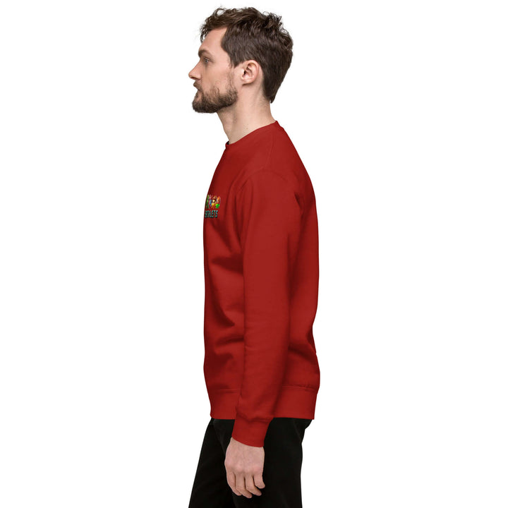 Earthlets Unisex Premium Sweatshirt shown in red with side profile view of a man wearing it.