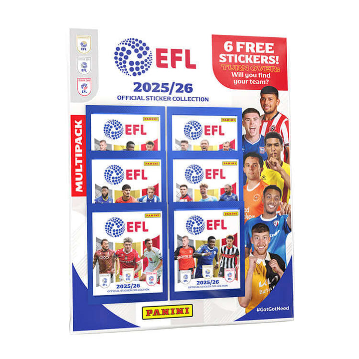 EFL 2025/26 Sticker Collection multipack featuring 6 free stickers, showcasing players from various teams.