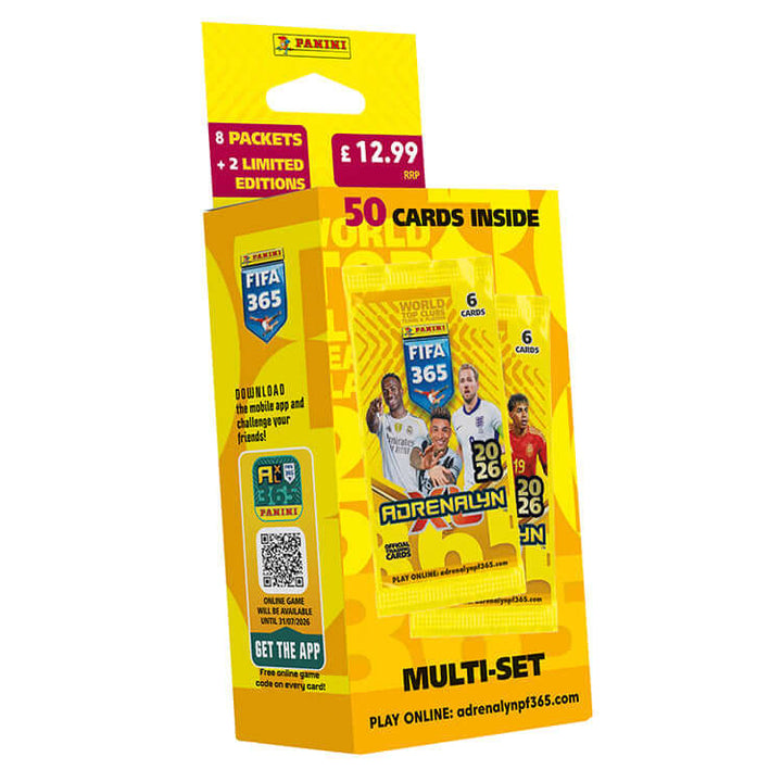 FIFA 365 2025/26 Adrenalyn XL Trading Card Collection multi-set packaging with 50 cards included.