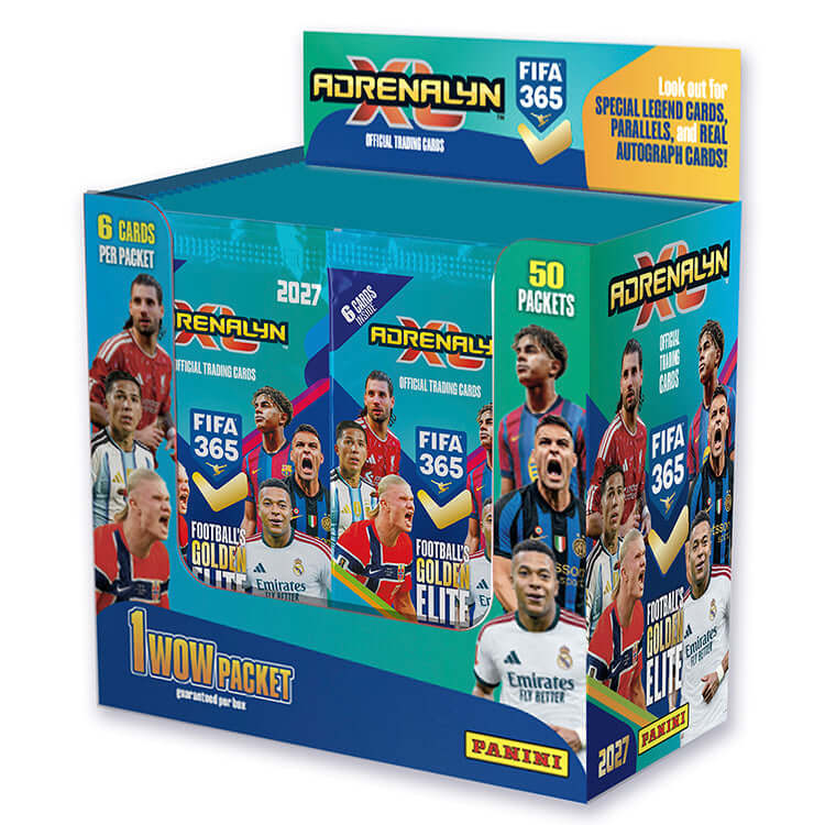FIFA 365 2026 27 Adrenalyn XL Trading Cards collection display box with packets showcased.
