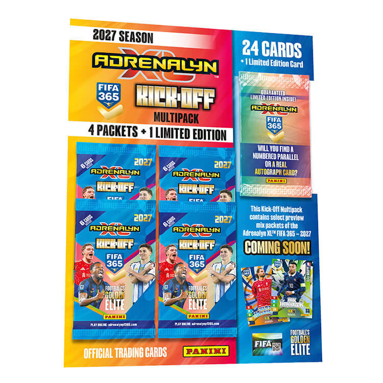 FIFA 365 202627 Adrenalyn XL Trading Card Collection KickOff Multipack with 24 cards and limited edition pack.