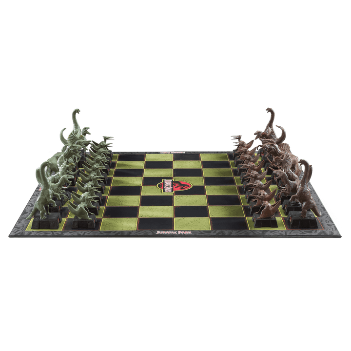 Jurassic Park Chess Set featuring dinosaur pieces on a branded chess board for Jurassic Park fans.