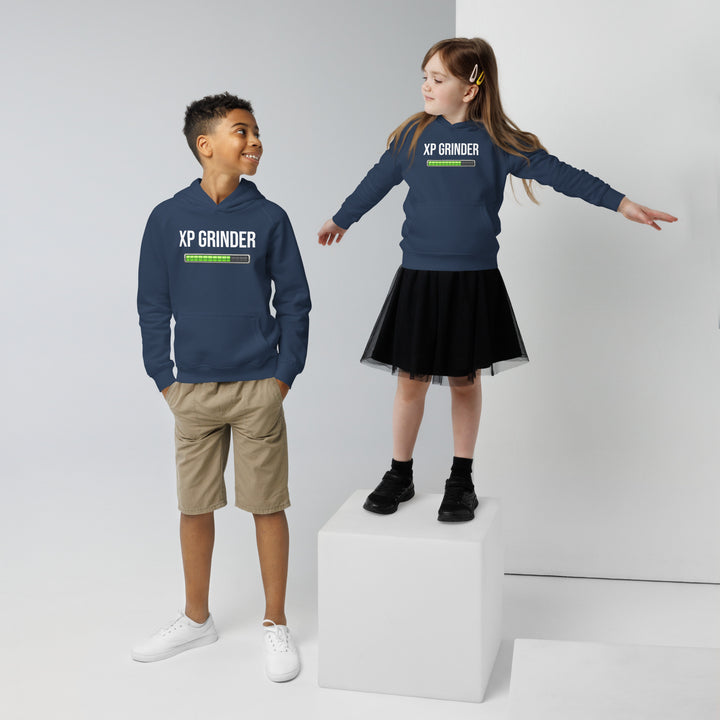 XP Grinder Kids eco hoodie worn by a boy and girl, showcasing comfort and style for children.