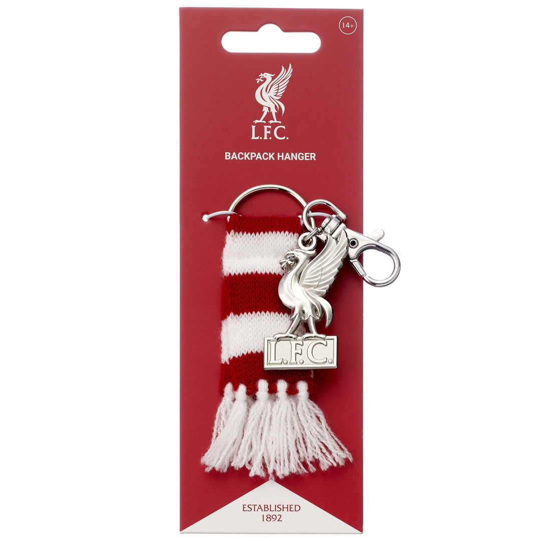 Liverpool football club backpack hanger featuring red and white scarf and Liver bird charm.