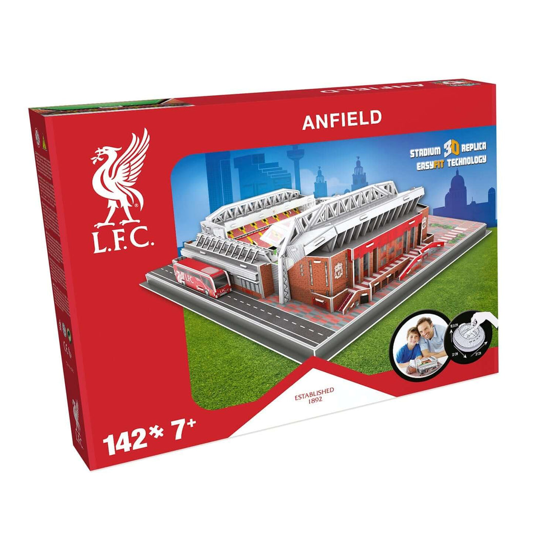 Liverpool Stadium 3D Puzzle box featuring Anfield, high-quality replica for Liverpool fans aged 7 and up.