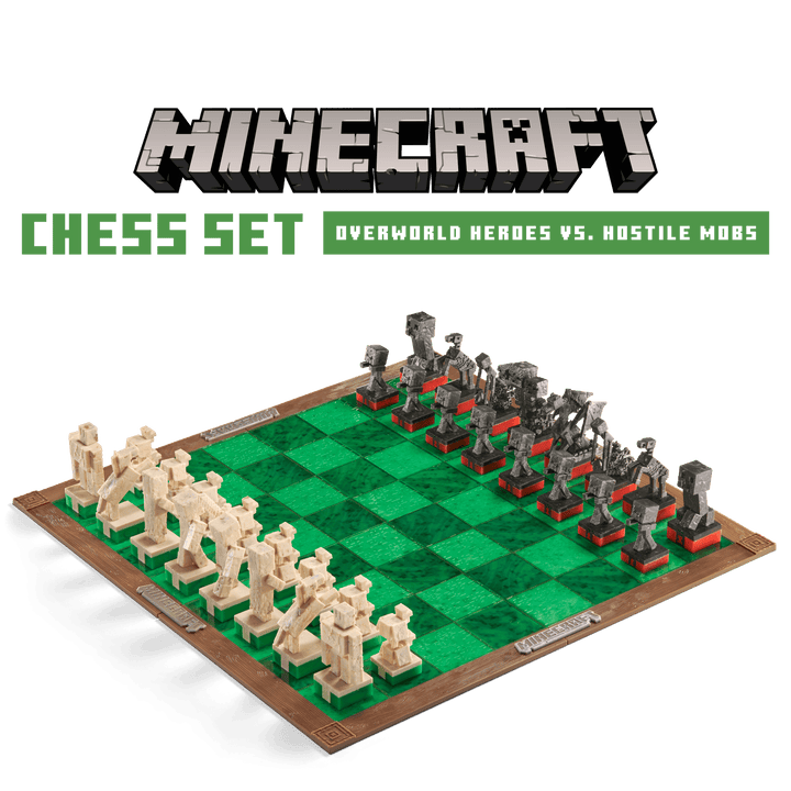 Minecraft Chess Set Overworld Heroes vs Hostile Mobs displayed on a textured green board with Minecraft figures