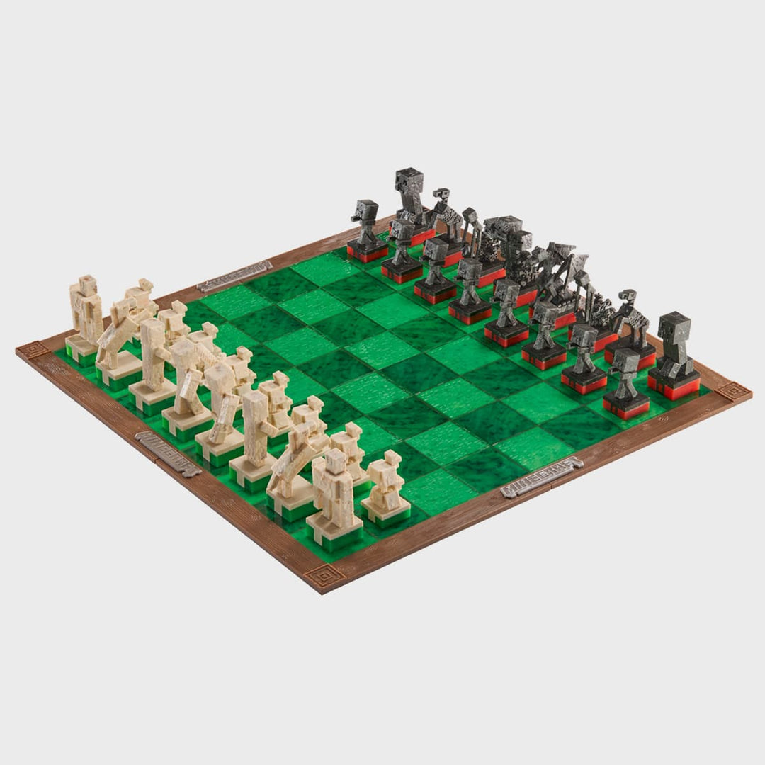 Minecraft Chess Set Overworld Heroes vs Hostile Mobs displayed on a grass block-themed chess board.