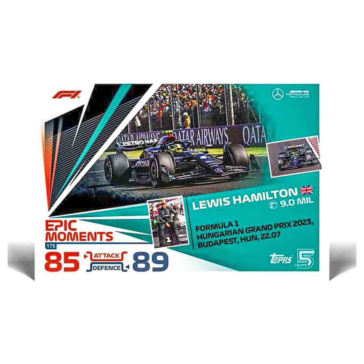 Turbo Attax Official Formula 1 trading card featuring Lewis Hamilton at the Hungarian Grand Prix 2023, part of the 2024 Starter Pack.