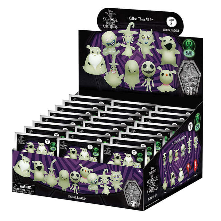 Display of Nightmare Before Christmas Series 8 3D Collectable Keychain figures for collectors.