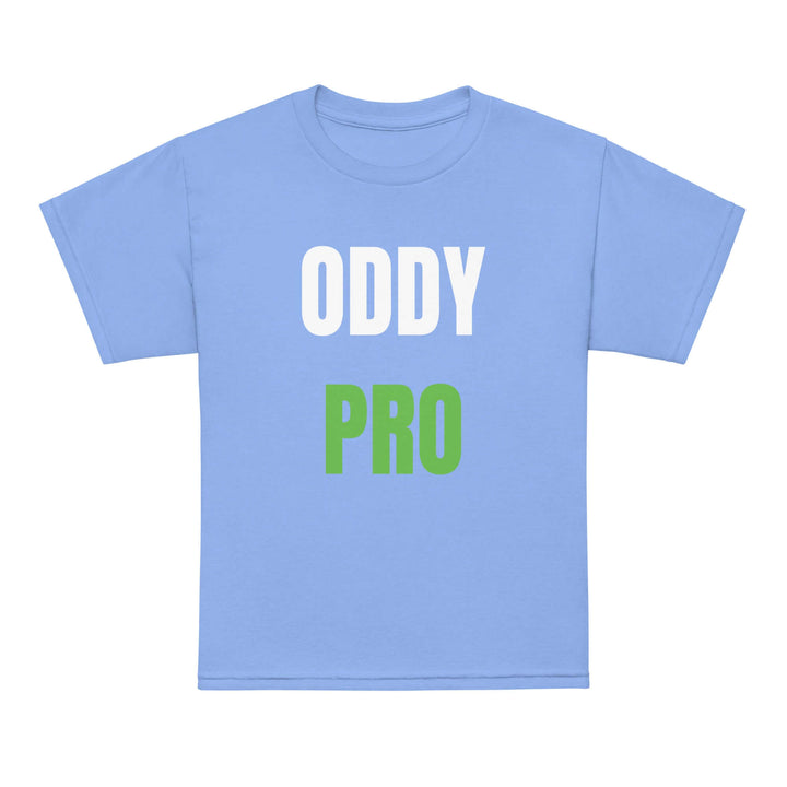 Oddy Pro Youth t-shirt in light blue with bold white and green lettering